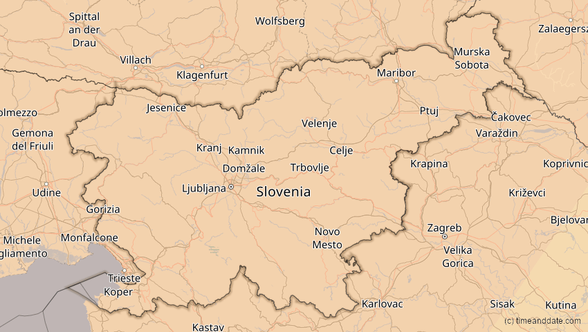 A map of Slowenien, showing the path of the 5. Feb 2065 Partielle Sonnenfinsternis