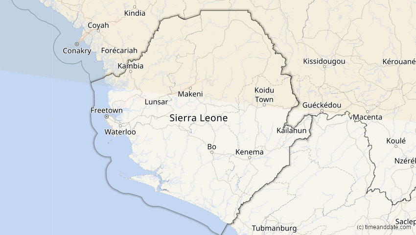 A map of Sierra Leone, showing the path of the 5. Feb 2065 Partielle Sonnenfinsternis