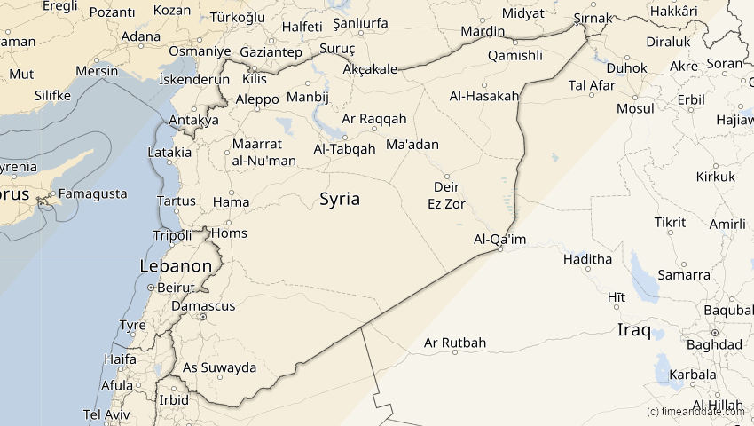 A map of Syrien, showing the path of the 5. Feb 2065 Partielle Sonnenfinsternis