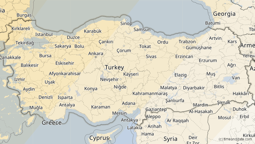A map of Türkei, showing the path of the 5. Feb 2065 Partielle Sonnenfinsternis