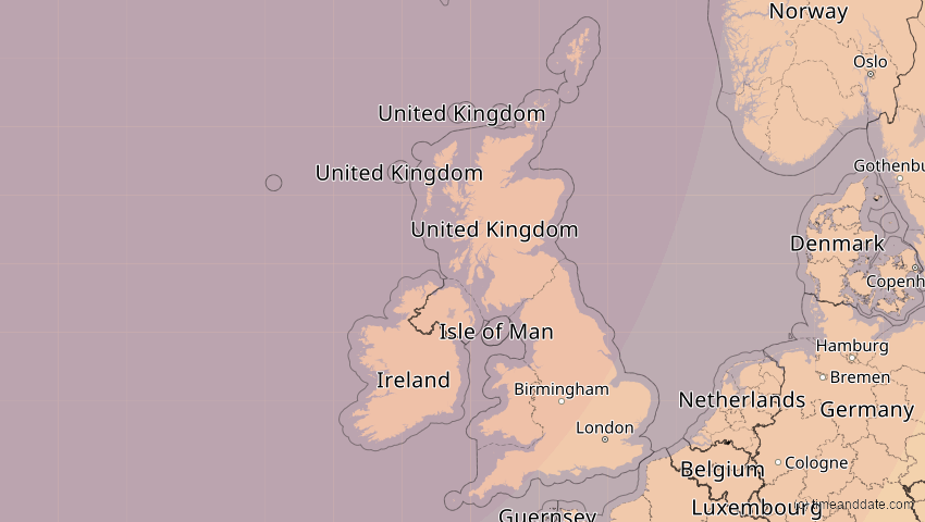 A map of Großbritannien, showing the path of the 5. Feb 2065 Partielle Sonnenfinsternis
