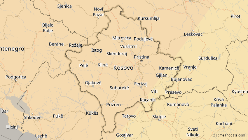 A map of Kosovo, showing the path of the 5. Feb 2065 Partielle Sonnenfinsternis