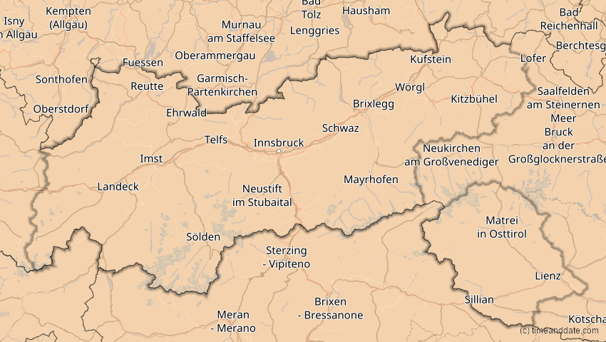A map of Tirol, Österreich, showing the path of the 5. Feb 2065 Partielle Sonnenfinsternis
