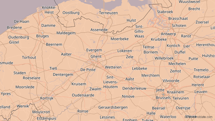 A map of Ostflandern, Belgien, showing the path of the 5. Feb 2065 Partielle Sonnenfinsternis