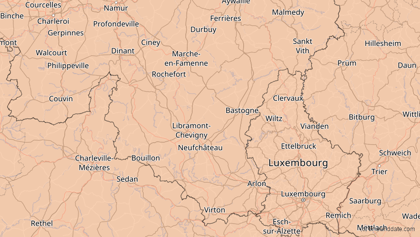 A map of Luxemburg, Belgien, showing the path of the 5. Feb 2065 Partielle Sonnenfinsternis