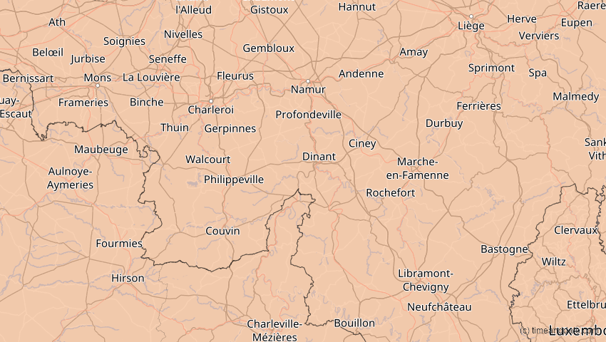 A map of Namur, Belgien, showing the path of the 5. Feb 2065 Partielle Sonnenfinsternis