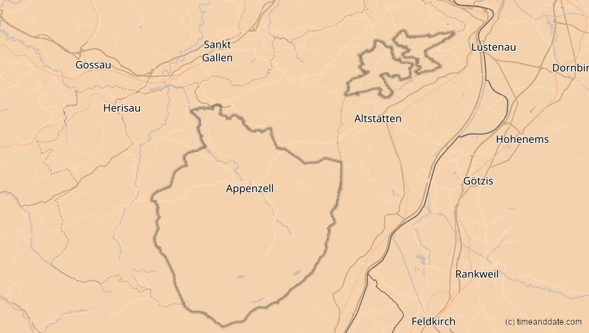 A map of Appenzell Innerrhoden, Schweiz, showing the path of the 5. Feb 2065 Partielle Sonnenfinsternis