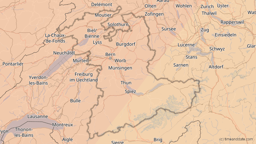 A map of Bern, Schweiz, showing the path of the 5. Feb 2065 Partielle Sonnenfinsternis