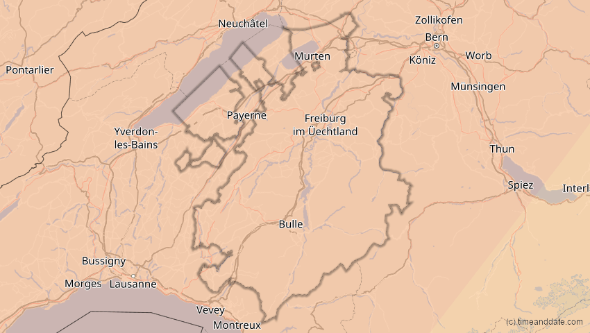 A map of Freiburg, Schweiz, showing the path of the 5. Feb 2065 Partielle Sonnenfinsternis