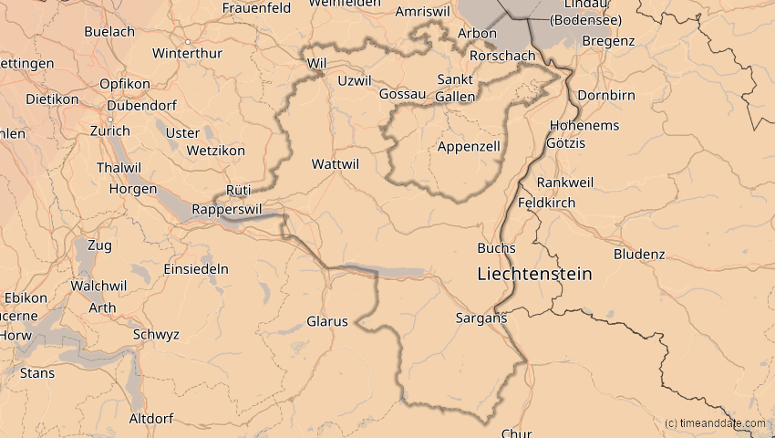 A map of St. Gallen, Schweiz, showing the path of the 5. Feb 2065 Partielle Sonnenfinsternis