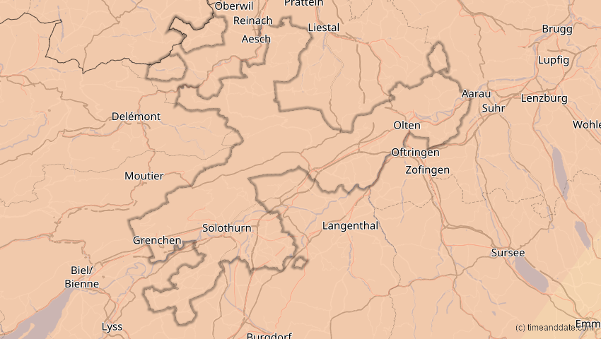 A map of Solothurn, Schweiz, showing the path of the 5. Feb 2065 Partielle Sonnenfinsternis