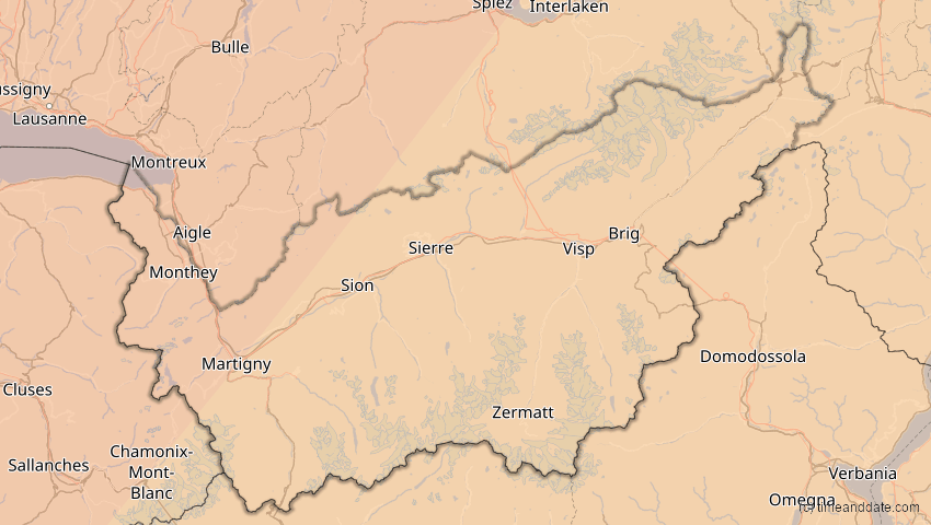A map of Wallis, Schweiz, showing the path of the 5. Feb 2065 Partielle Sonnenfinsternis