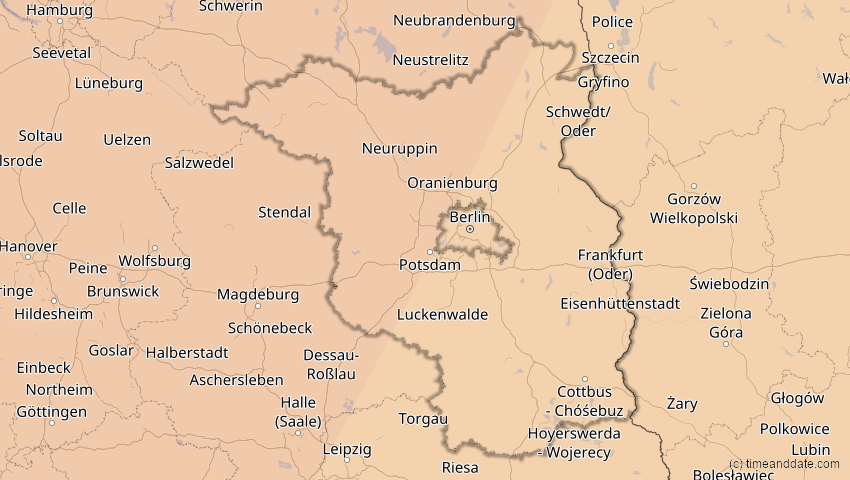 A map of Brandenburg, Deutschland, showing the path of the 5. Feb 2065 Partielle Sonnenfinsternis