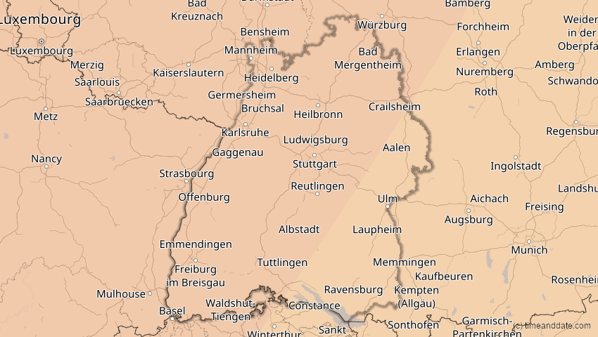 A map of Baden-Württemberg, Deutschland, showing the path of the 5. Feb 2065 Partielle Sonnenfinsternis
