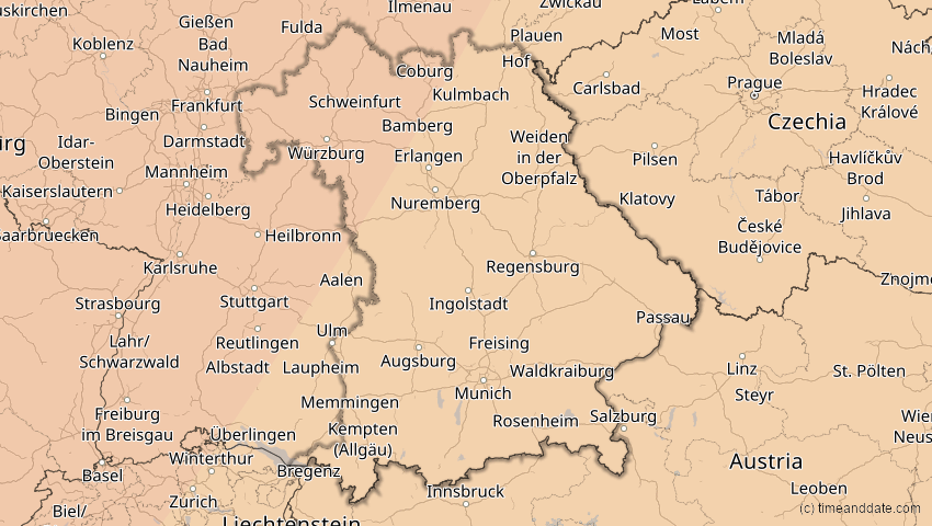 A map of Bayern, Deutschland, showing the path of the 5. Feb 2065 Partielle Sonnenfinsternis