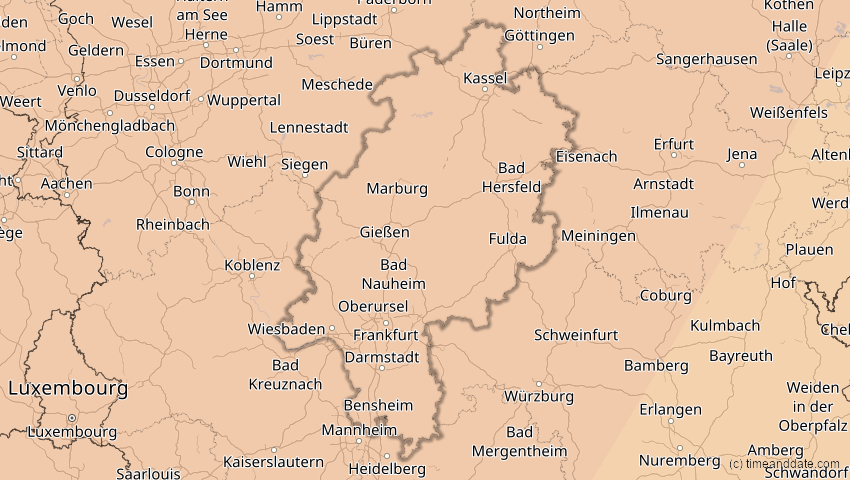 A map of Hessen, Deutschland, showing the path of the 5. Feb 2065 Partielle Sonnenfinsternis