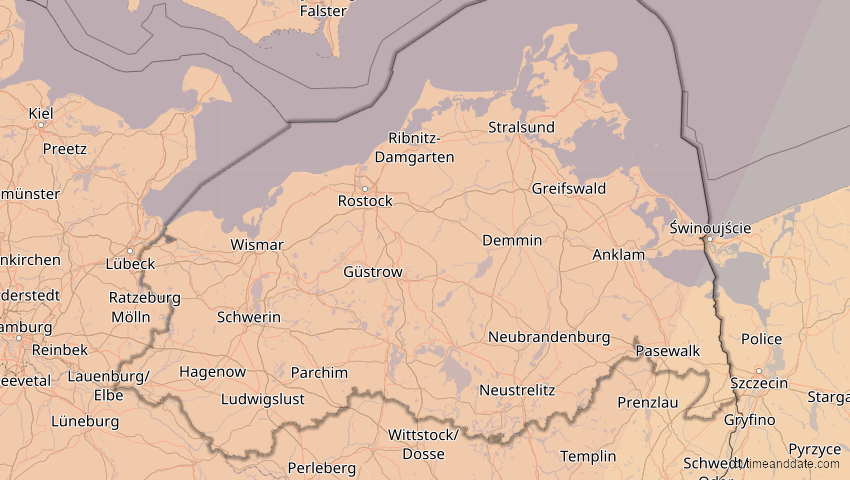 A map of Mecklenburg-Vorpommern, Deutschland, showing the path of the 5. Feb 2065 Partielle Sonnenfinsternis
