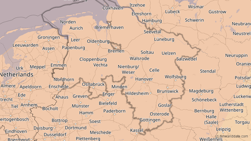 A map of Niedersachsen, Deutschland, showing the path of the 5. Feb 2065 Partielle Sonnenfinsternis