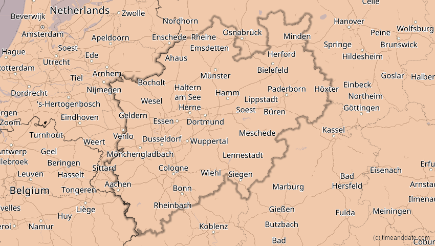 A map of Nordrhein-Westfalen, Deutschland, showing the path of the 5. Feb 2065 Partielle Sonnenfinsternis
