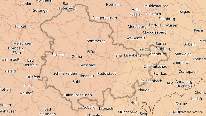 A map of Thüringen, Deutschland, showing the path of the 5. Feb 2065 Partielle Sonnenfinsternis