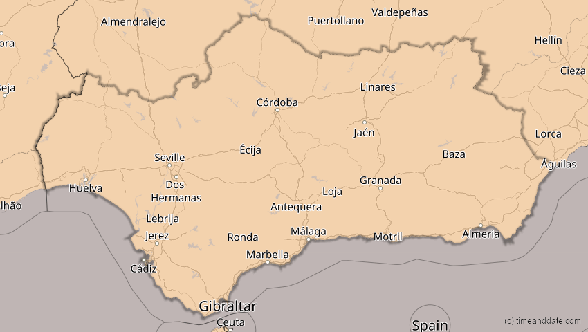 A map of Andalusien, Spanien, showing the path of the 5. Feb 2065 Partielle Sonnenfinsternis