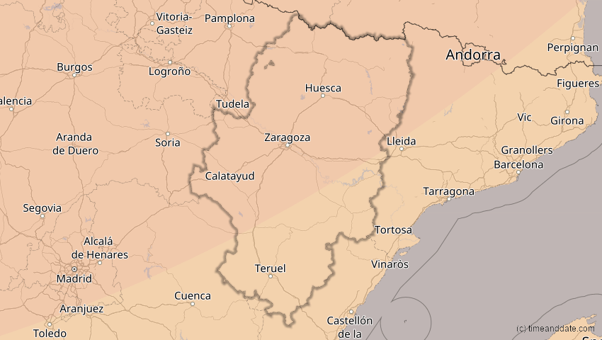 A map of Aragonien, Spanien, showing the path of the 5. Feb 2065 Partielle Sonnenfinsternis