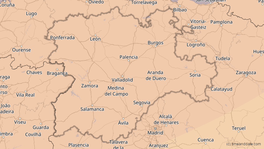 A map of Kastilien und León, Spanien, showing the path of the 5. Feb 2065 Partielle Sonnenfinsternis