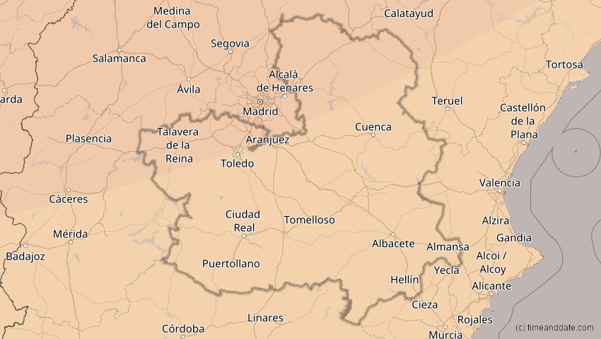 A map of Kastilien-La Mancha, Spanien, showing the path of the 5. Feb 2065 Partielle Sonnenfinsternis