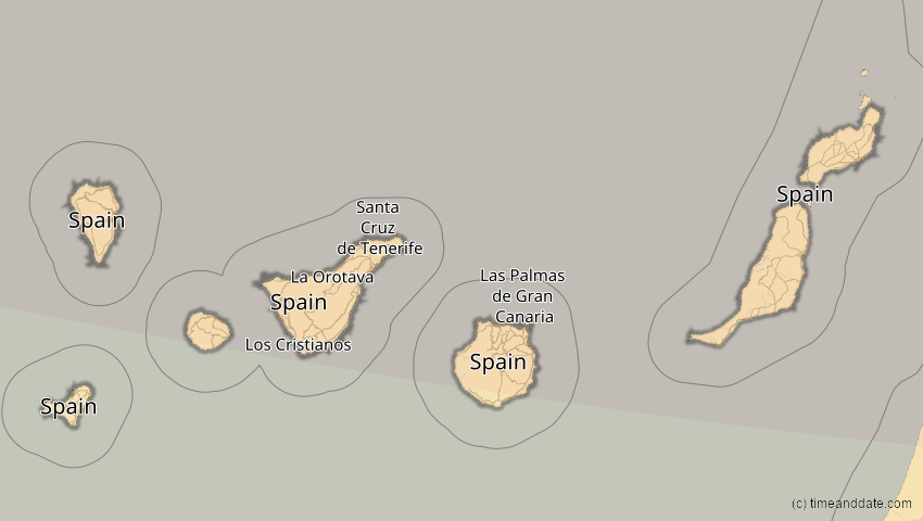 A map of Kanarische Inseln, Spanien, showing the path of the 5. Feb 2065 Partielle Sonnenfinsternis
