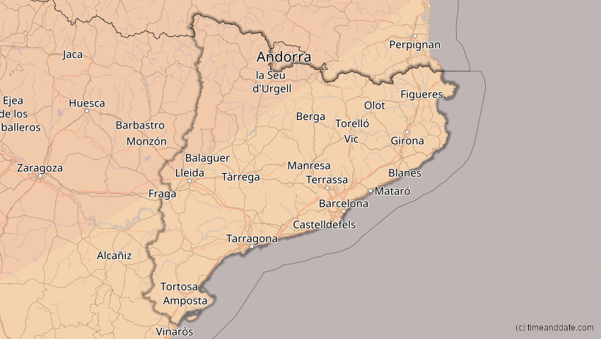 A map of Katalonien, Spanien, showing the path of the 5. Feb 2065 Partielle Sonnenfinsternis