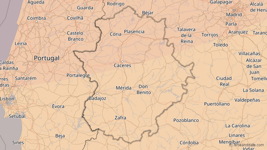 A map of Extremadura, Spanien, showing the path of the 5. Feb 2065 Partielle Sonnenfinsternis