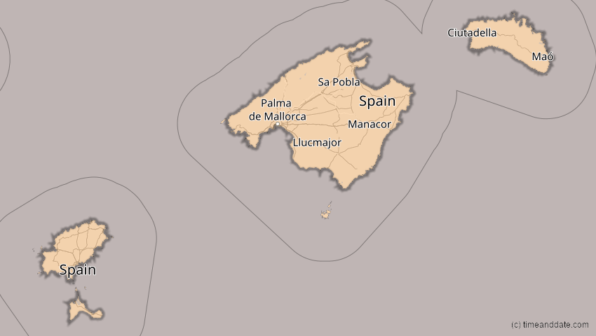 A map of Balearische Inseln, Spanien, showing the path of the 5. Feb 2065 Partielle Sonnenfinsternis