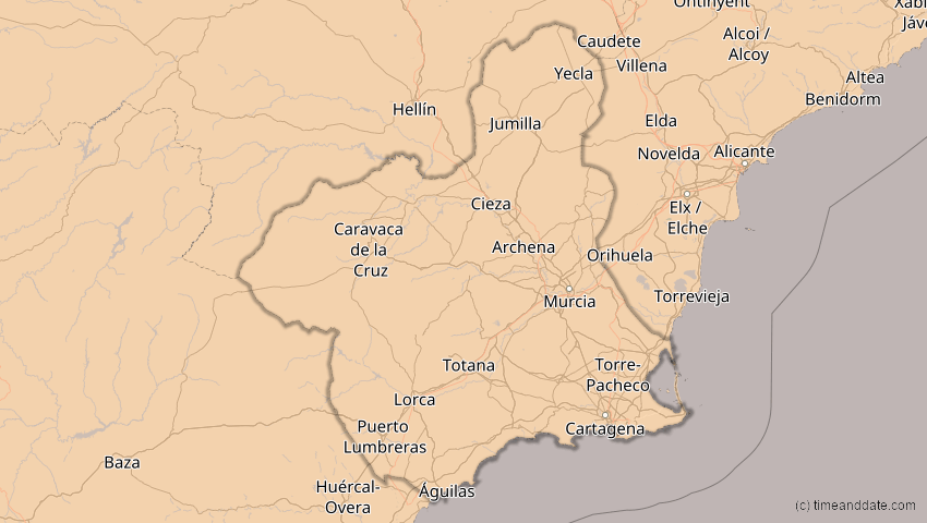 A map of Murcia, Spanien, showing the path of the 5. Feb 2065 Partielle Sonnenfinsternis