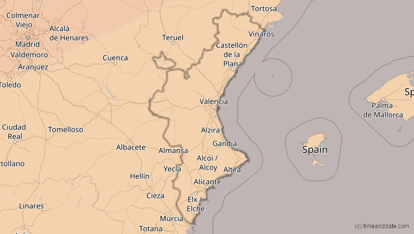 A map of Valencia, Spanien, showing the path of the 5. Feb 2065 Partielle Sonnenfinsternis