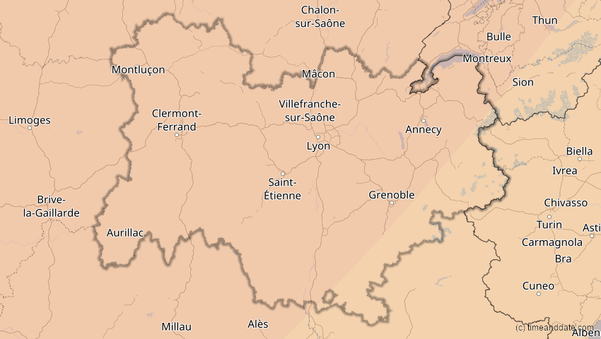 A map of Auvergne-Rhône-Alpes, Frankreich, showing the path of the 5. Feb 2065 Partielle Sonnenfinsternis