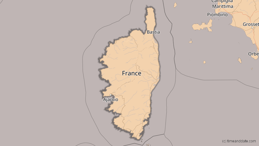 A map of Korsika, Frankreich, showing the path of the 5. Feb 2065 Partielle Sonnenfinsternis