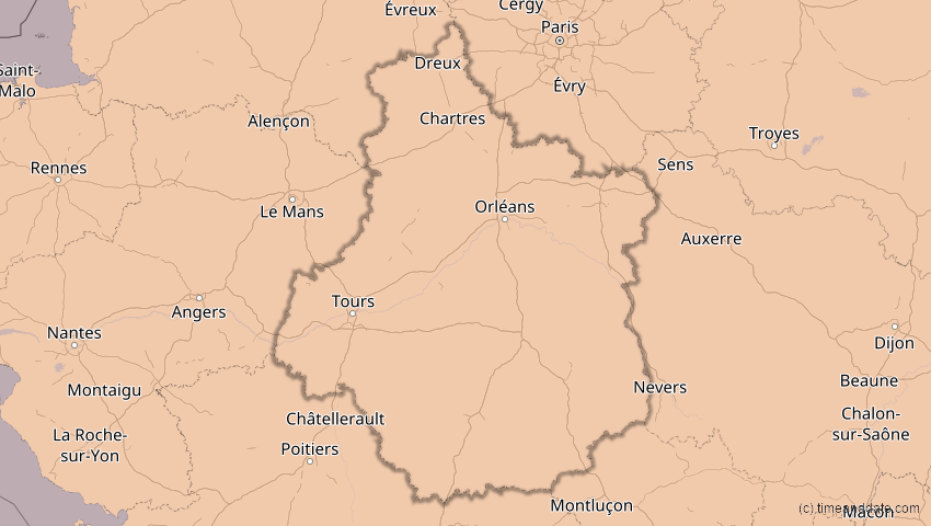 A map of Centre-Val de Loire, Frankreich, showing the path of the 5. Feb 2065 Partielle Sonnenfinsternis