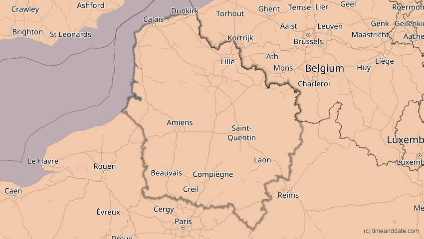 A map of Hauts-de-France, Frankreich, showing the path of the 5. Feb 2065 Partielle Sonnenfinsternis