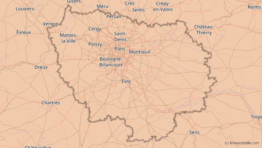 A map of Île-de-France, Frankreich, showing the path of the 5. Feb 2065 Partielle Sonnenfinsternis
