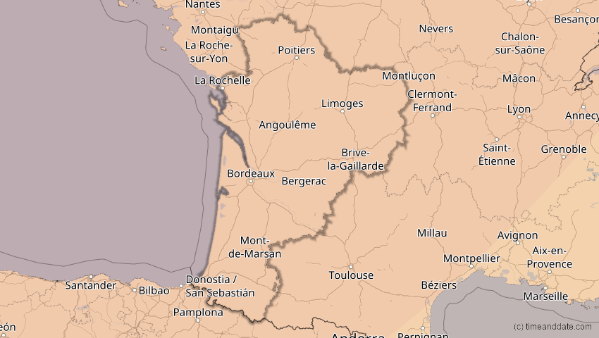 A map of Nouvelle-Aquitaine, Frankreich, showing the path of the 5. Feb 2065 Partielle Sonnenfinsternis