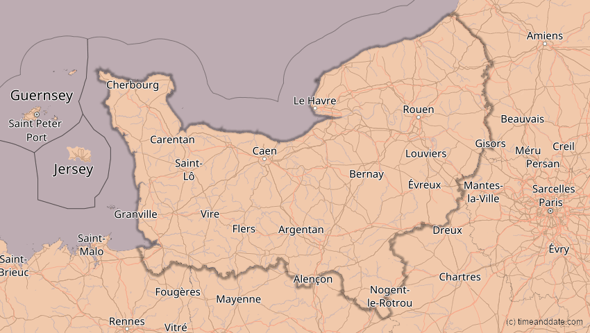 A map of Normandie, Frankreich, showing the path of the 5. Feb 2065 Partielle Sonnenfinsternis