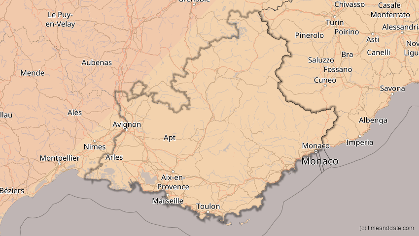 A map of Provence-Alpes-Côte d’Azur, Frankreich, showing the path of the 5. Feb 2065 Partielle Sonnenfinsternis