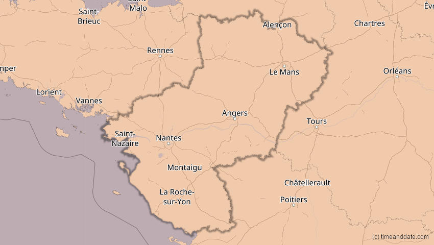 A map of Pays de la Loire, Frankreich, showing the path of the 5. Feb 2065 Partielle Sonnenfinsternis