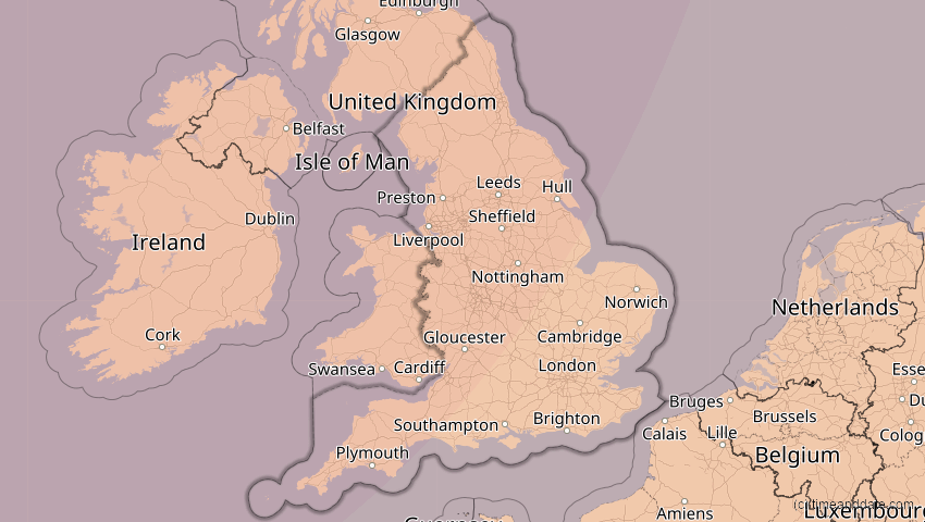 A map of England, Großbritannien, showing the path of the 5. Feb 2065 Partielle Sonnenfinsternis