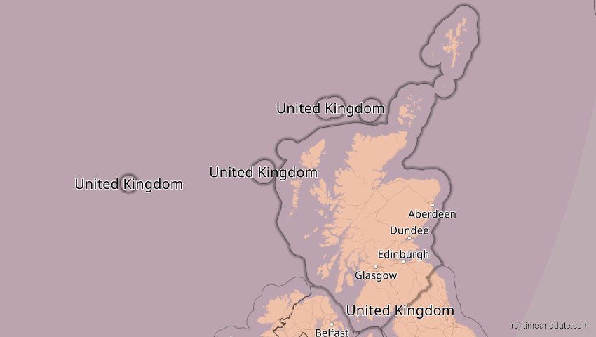 A map of Schottland, Großbritannien, showing the path of the 5. Feb 2065 Partielle Sonnenfinsternis