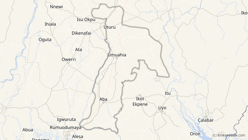 A map of Abia, Nigeria, showing the path of the 5. Feb 2065 Partielle Sonnenfinsternis