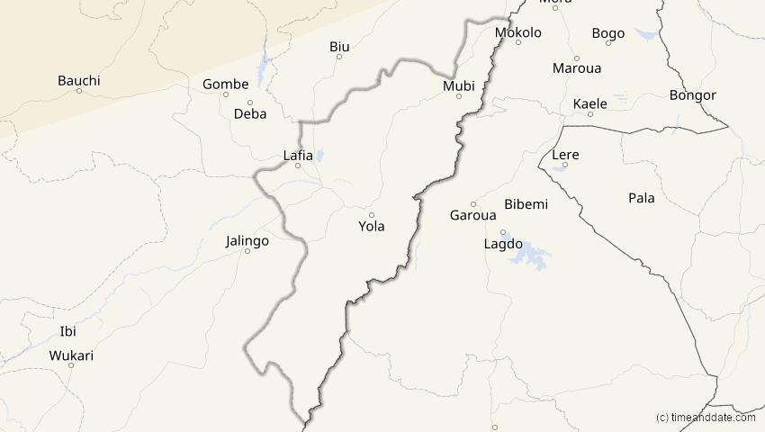 A map of Adamawa, Nigeria, showing the path of the 5. Feb 2065 Partielle Sonnenfinsternis