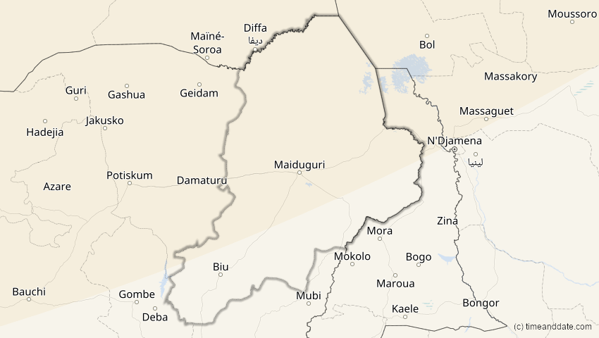 A map of Borno, Nigeria, showing the path of the 5. Feb 2065 Partielle Sonnenfinsternis