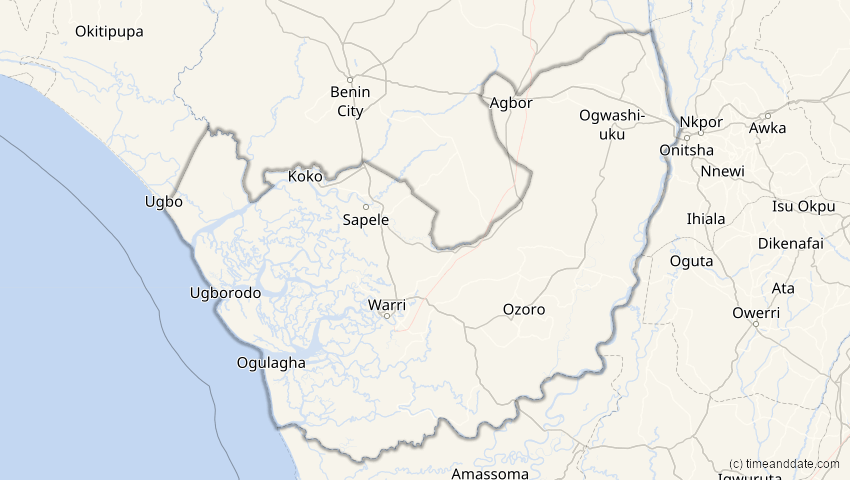 A map of Delta, Nigeria, showing the path of the 5. Feb 2065 Partielle Sonnenfinsternis