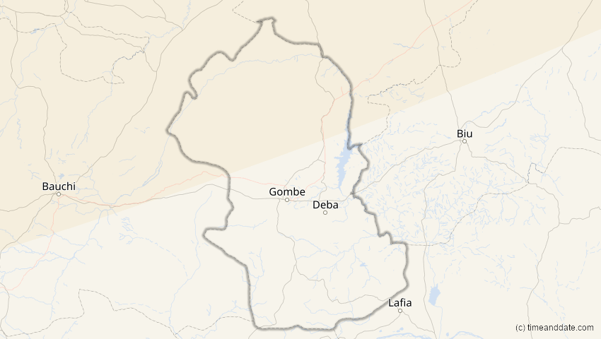 A map of Gombe, Nigeria, showing the path of the 5. Feb 2065 Partielle Sonnenfinsternis